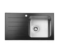 JASSFERRY Brilliant Black Glass Top Kitchen Sink Stainless Steel Single 1 Bowl Left Hand Drainer Glossy Drainboard, 860 x 500 mm