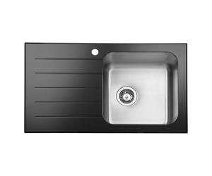 JASSFERRY Brilliant Black Glass Top Kitchen Sink Stainless Steel Single 1 Bowl Lefthand Glossy Drainer, 860 x 500 mm