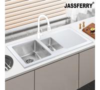 Jassferry Brilliant White Glass Kitchen Sink Stainless Steel 1.5 One Half Bowl Right Hand Drainer, 1000 X 500 mm