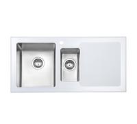 JASSFERRY Brilliant White Glass Kitchen Sink Stainless Steel 1.5 One Half Bowl Right Hand Drainer with Strainer Waste, 1000 X 500 mm