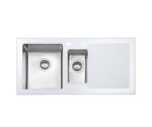 JASSFERRY Brilliant White Glass Kitchen Sink Stainless Steel 1.5 One Half Bowl Right Hand Drainer with Strainer Waste, 1000 X 500 mm