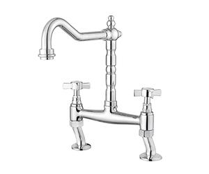 JASSFERRY Classic Bridge Mixer Tap Chrome Crosshead Handles Deck Mounted Monobloc Traditional 2 Hole Kitchen Sink Faucet with Swivel Spout