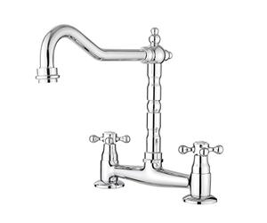 JASSFERRY French Bridge Mixer Tap Classic Fixed 2 Hole Kitchen Sink Faucet Crosshead Handles with Swivel Spout Chrome Polished
