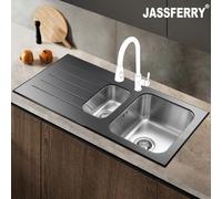 Jassferry Glossy Black Glass Top Kitchen Sink Stainless Steel 1.5 Bowl Left Hand Drainer