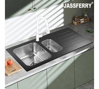 Jassferry Glossy Black Glass Top Kitchen Sink Stainless Steel 1.5 Bowl Right Hand Drainer