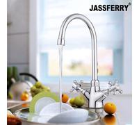 Jassferry Kitchen Mixer Tap Monobloc Brass Two Crosshead Lever Swivel Spout Chrome