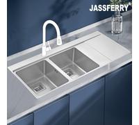 Jassferry Kitchen Sink 1.2 mm Stainless Steel 2.0 Bowl Righthand Drainer Square Strainer