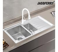 Jassferry Premium Kitchen Sink Square Style Stainless Steel 1.5 Bowl Inset Reversible Drainer