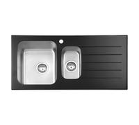 JASSFERRY Glossy Black Glass Top Kitchen Sink Stainless Steel 1.5 One Half Bowl Right Hand Drainer, 1000 X 500 mm