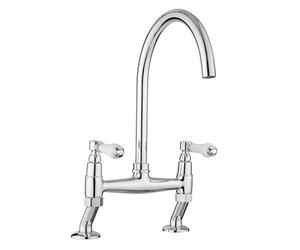 JASSFERRY Traditional Bridge Mixer Tap White Ceramic Lever Handles Deck Mounted Monobloc Classic 2 Hole Kitchen Sink Chrome Faucet with Swivel Spout