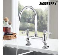 JASSFERRY Traditional Bridge Mixer Tap White Ceramic Lever Handles Deck Mounted Monobloc Classic 2 Hole Kitchen Sink Chrome Faucet with Swivel Spout
