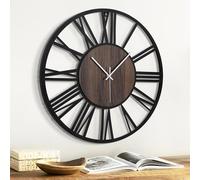 Jassurance 20IN Large Wall Clocks Battery Operated Black, Silent Wooden Metal Wall Clock for Living Room Decor, Kitchen Decorative Wall Clock Modern (Dark Wood, Roman-20IN)