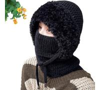 JASUBAI 3 in 1 Beanie Hat for Women, Winter Warm Knitted Balaclava with Scarf & Mask, Fleece Lined Windproof Ski Mask Hooded Scarf Set for Cold Weather Outdoor Sports (Black)