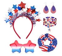 JATEBI 8 Pcs 4th of July Accessories Kit Includes Independence Day Headband, Star Sunglasses, Earrings, Hairband, Patriotic Red White Blue Party Favors, Independence Day Gifts for Women Girls