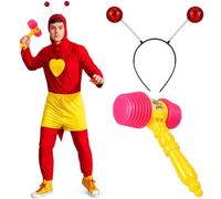 JATEBI Red Insect Cosplay Props Set, Alien Antenna Headband & 14 Inch Squeaky Hammer, Retro Mexican Style Costume Accessories for Halloween Carnival Party