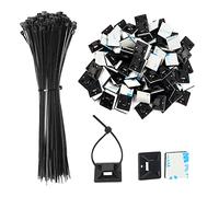 JatilEr 200 Pcs Cable Tie Base Self Adhesive Cable Tie Mounts with Multi-Purpose Zip Tie, Cable Holder Clips Sticky Cable Tie Pads-Black (100 x Ties Length 150 mm, 100 x Base Width 18 mm)