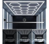Jatwefiv 14 Grid Hexagon Garage Light, 3-Level Dimmable Multi-Panel LED Ceiling Light with Frame, 77000LM 6500K for Warehouse, Auto Detailing, Workshop, Basement,M