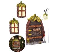 Jauay Miniature Fairy Garden Accessories Fairy Door and Windows for Trees, Glow in The Dark Yard Garden Sculpture Lawn Ornament Mini Garden Art Outdoor Decor Accessories with Lantern
