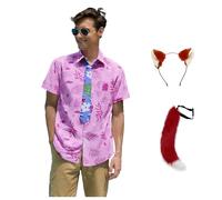 Jaugola Mens Nick Wilde Costume Shirt Tie Plush Ear Tail Hawaiian Printed T-Shirt Halloween Party Fox Outfit Pink L