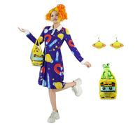 Jaugola Womens Ms Frizzle Costume Planet Dress Earrings Wig Lizard School Bus Bag Halloween Party Teacher Outfit, Purple, X-Small