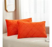 JAUXIO Diamond Pinch Pleated Crystal Velvet Pillowcases 2 Pack Solid Pintuck Throw Cushion Cover for Home Decor Hidden Zipper Closure (Bright Orange, King)