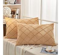JAUXIO Diamond Pinch Pleated Crystal Velvet Pillowcases 2 Pack Solid Pintuck Throw Cushion Cover for Home Decor Hidden Zipper Closure (Camel, Standard)