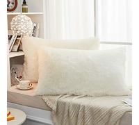 JAUXIO Long Faux Fur Soft Soild Decorative Pillowcase Oblong Fluffy Throw Pillow Cover Velvet Shaggy Plush Cushion Case Set of 2 Zipper Closure (20X36 Inches Cream)