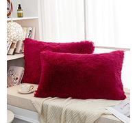 JAUXIO Long Faux Fur Soft Soild Decorative Pillowcase Oblong Fluffy Throw Pillow Cover Velvet Shaggy Plush Cushion Case Set of 2 Zipper Closure (20X26 Inches Burgundy)