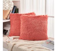 JAUXIO Set of 2 Long Faux Fur Soild Decorative Pillowcase Fluffy Throw Pillow Cover Velvet Shaggy Plush Cushion Case for Couch (Coral, 18"X18")