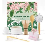 JavaNest 7-Piece Matcha Tea Set with Gift Card - 120-Prong Bamboo Whisk, Ceramic Bowl with Spout, Whisk Holder, Scoop, Spoon, Strainer & Scoop Holder - Perfect Gift for Matcha Lovers (White)