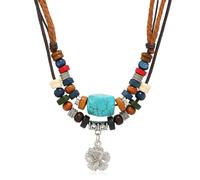 JAVARNV Layered Boho Wood Bead Choker Necklace Western Jewelry Hollow Flower Butterfly Charm Necklace Turquoise Country Concert Cowgirl Accessories, Metal, No Gemstone