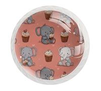 JAVENPROEQT 12 Pcs Cabinet Knobs Cute Cartoon Elephant with Dessert Cupcake Background, Round Crystal Glass Drawer Dresser Wardrobe Handles Pulls for Home Kitchen, 1.37 x 1.10 in