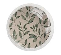 JAVENPROEQT 12 Pcs Cabinet Knobs Green Sage Color Line Leaf and Twig Pattern on Beige Background, Round Crystal Glass Drawer Dresser Wardrobe Handles Pulls for Home Kitchen, 1.37 x 1.10 in
