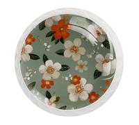 JAVENPROEQT 12 Pcs Cabinet Knobs Orange and White Flowers on Sage Green Background, Round Crystal Glass Drawer Dresser Wardrobe Handles Pulls for Home Kitchen, 1.37 x 1.10 in