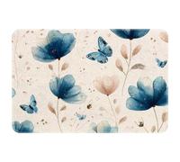 JAVENPROEQT Blue Flowers and Flying Butterflies Watercolor Pattern Small Area Rug 40 x 60 cm, Non-Slip Indoor Floor Mat, Washable Kitchen Rug Entrance Door Mat for Bedroom Living Room