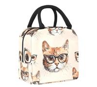 JAVENPROEQT Lunch Tote Bag for Women, Insulated Cooler Bag Thermal Leak-Proof Bento Bag Lunch Organizer for Kids Girls Men School Office Travel - Funny Cats with Glasses Seamless Pattern