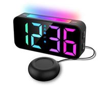 JAVERGGN NEW Powerful VibrationS RGB Digital Alarm Clock with Mood Light Snooze 2 Alarms USB Powered Clock for Heavy Sleeper