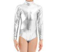 Javly Girls Metallic Unitard Toddler Sparkly Tumbling Gymnastics Dance Leotard Mock Neck Long Sleeve Zipper Back Bodysuit, Silver, M