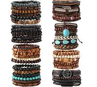 JAVMOO 45 Pcs Wooden Bead Bracelets for Men Women, Boho Multiple Sets Leather Wrap, Hemp Cords, Stack Wood Beads, Ethnic Tribal Cuff Jewelry Wristbands