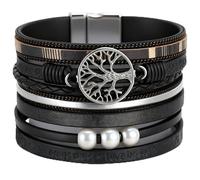 JAVMOO Inspirational Tree of Life Bracelets for Women, Boho Leather Multi-Layer Braided Cuff Wrap, Pearl Crystal Bangle Wristband Gifts Jewelry Black