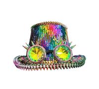 Javoryxh Shimmering Sequined Captain Caps With Goggles For Music Festival Masquerades Party Flat Top Hat Role Playing Accessories