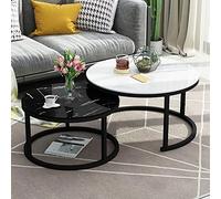 JAVPTAV White Round Metal Frame Stacking Coffee Table - Stylish Marble-Effect Glass Top Nesting Tables for Home Office or Living Room - Sizes 70cm Black+50cm White - Perfect for Lounge Décor
