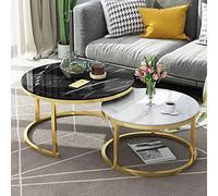 JAVPTAV White Round Metal Frame Stacking Coffee Table - Stylish Marble-Effect Glass Top Nesting Tables for Home Office or Living Room - Sizes 70cm Black+50cm White - Perfect for Lounge Décor