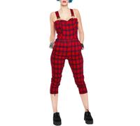 JAWBREAKER Red Black Tartan Plaid Dungaree Cropped Punk Rock Jumpsuit Alt | Red Plaid Dungaree Jumpsuit Sweetheart Neck Adjustable Straps Cropped Capri Leg Tartan Overall Trousers