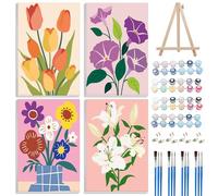 Jawecci 4 Pack Flower Framed Paint by Numbers Kit for Adults - Paint by Numbers Kits on Canvas with Accessories for Gifts Home Decor 8X8 Inch