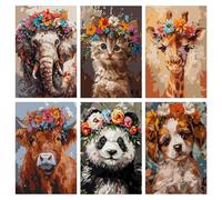 Jawecci 6 Pack Animals with Wreath Paint by Numbers Kit for Adults, Adults Painting by Number Kits on Canvas, Easy Acrylic Arts Crafts Beginners for Gifts Home Decor (Panda,Cow,Elephants,etc)