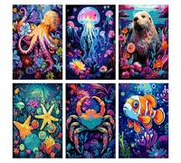 Jawecci 6 Pack Sea Animals Paint by Numbers Kit Adults, Adults Octopus Starfish Painting by Number Kits on Canvas, Easy Acrylic Arts Crafts Beginners for Gifts Home Decor