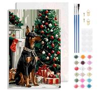 Jawecci Framed Paint by Numbers Christmas Kit for Adults - Dog and Christmas Trees Paint by Numbers Kits on Canvas with Accessories for Gifts Home Decor 8X12 Inch