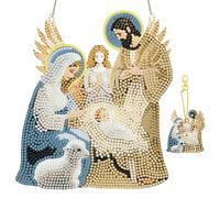 Jawecci Jesus was Born Diamond Art Hanging and Key Chains Pendants Boards, Special Shaped Christmas Diamond Painting Hanging Sign with Chain, Double-Sided Ornaments Window Door Home Decor
