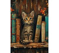 Jawecci Kitty Diamond Painting Kits, 5D DIY Diamond Painting Cat on Bookshelf Kits for Adults Beginners, Full Drill Round Diamond Art Painting Dots Craft Set Gifts 30X40cm